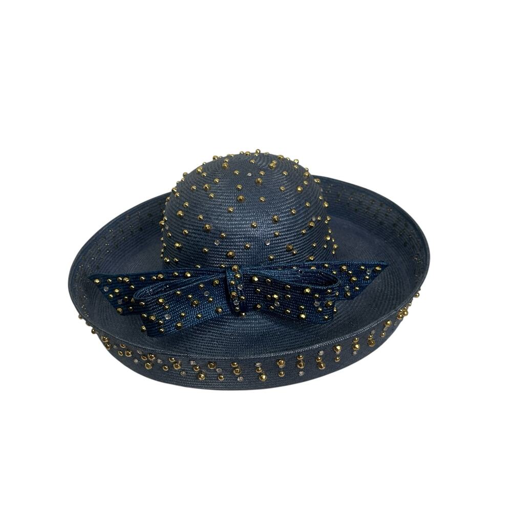 Vintage Jack McConell Boutique Blue Studded Straw Sun Church Derby HAt - Picture 5 of 10